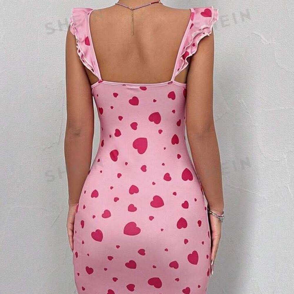 Pink Heart Print Ruffle Dress. - Picture 4 of 6